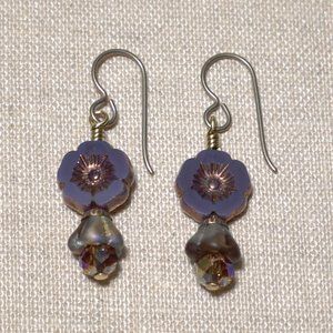 Hand Crafted Handmade Earrings Czech Glass Plum Flower Hibiscus Earrings
